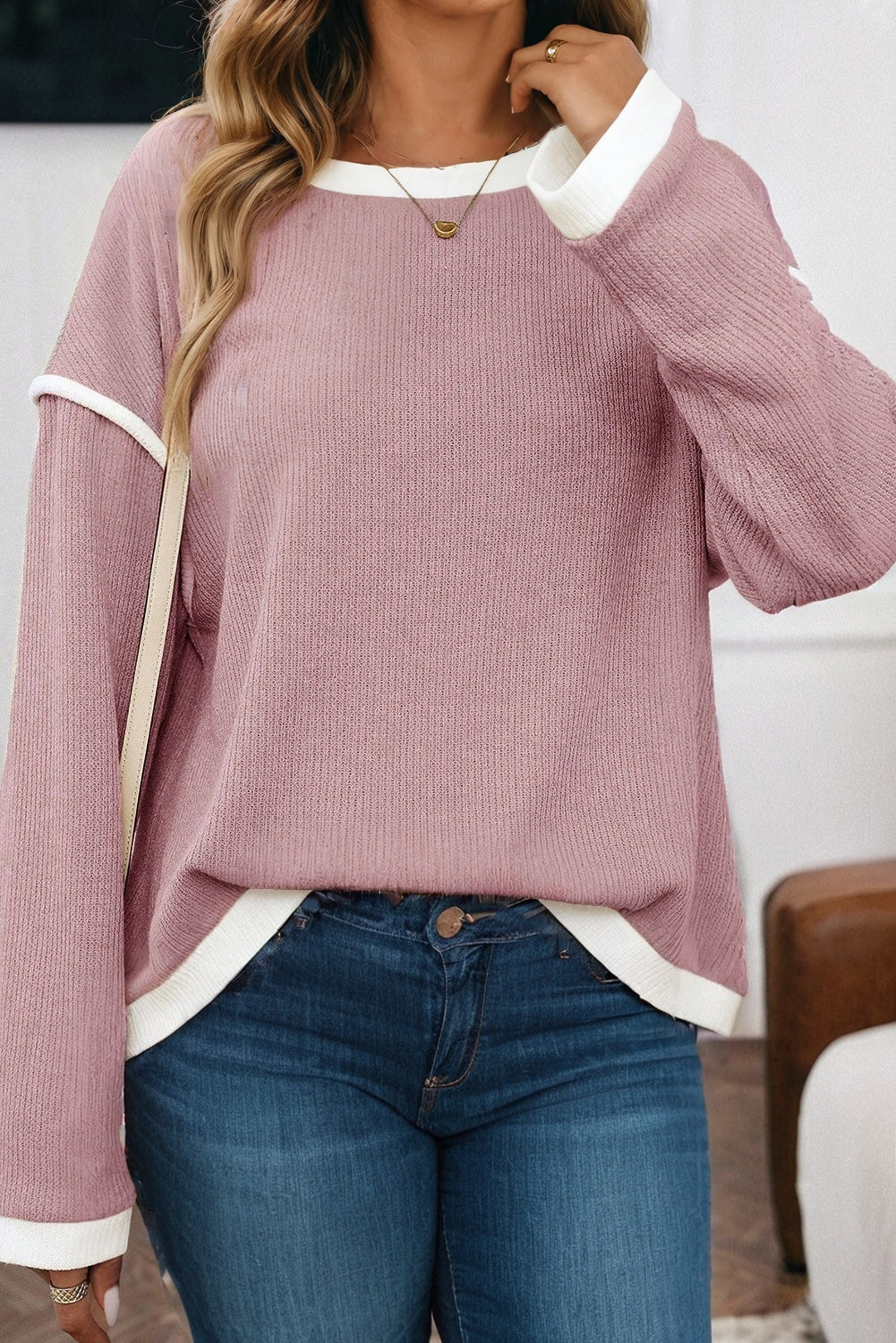 Light Pink Contrast Trim Knitted Drop Shoulder Plus Size Top