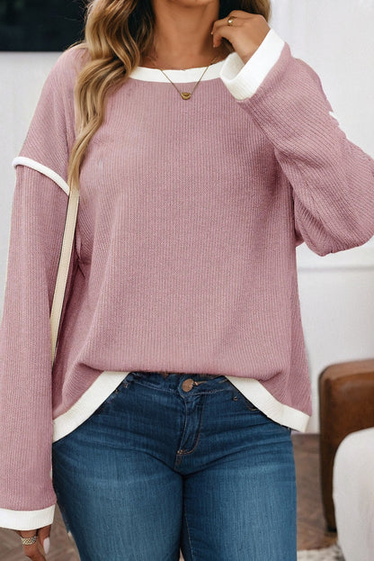 Light Pink Contrast Trim Knitted Drop Shoulder Plus Size Top