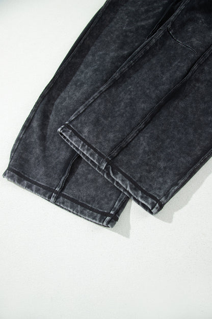 Black Mineral Wash Raw Seam Drawstring Elastic Waist Barrel Pants