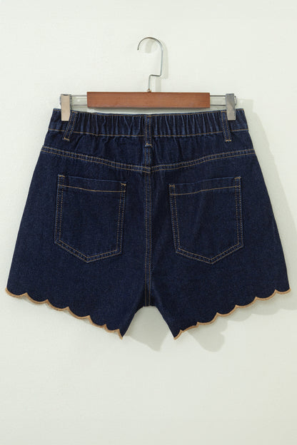 Black Embroidered Scalloped Trim Relaxed Denim Shorts