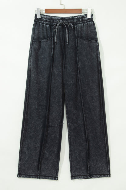 Black Mineral Wash Raw Seam Drawstring Elastic Waist Barrel Pants
