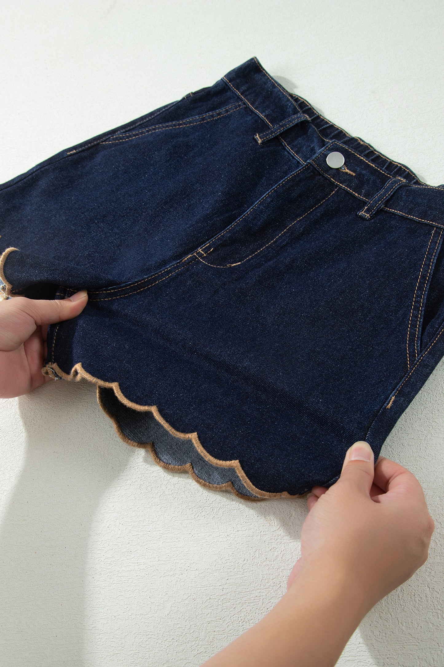 Black Embroidered Scalloped Trim Relaxed Denim Shorts