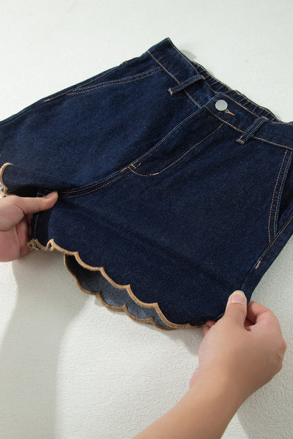 Black Embroidered Scalloped Trim Relaxed Denim Shorts