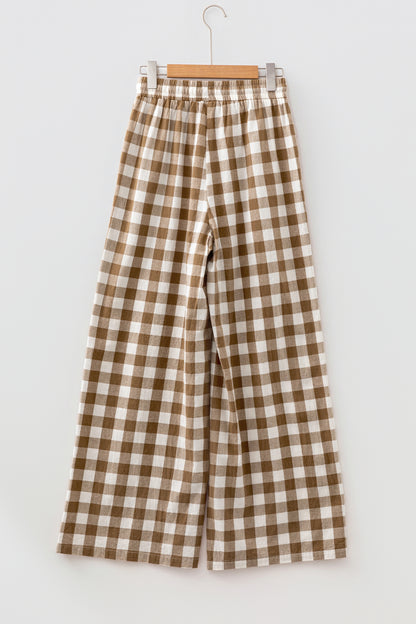 Brown Gingham Plaid Tie Elastic Waist Shift Pants