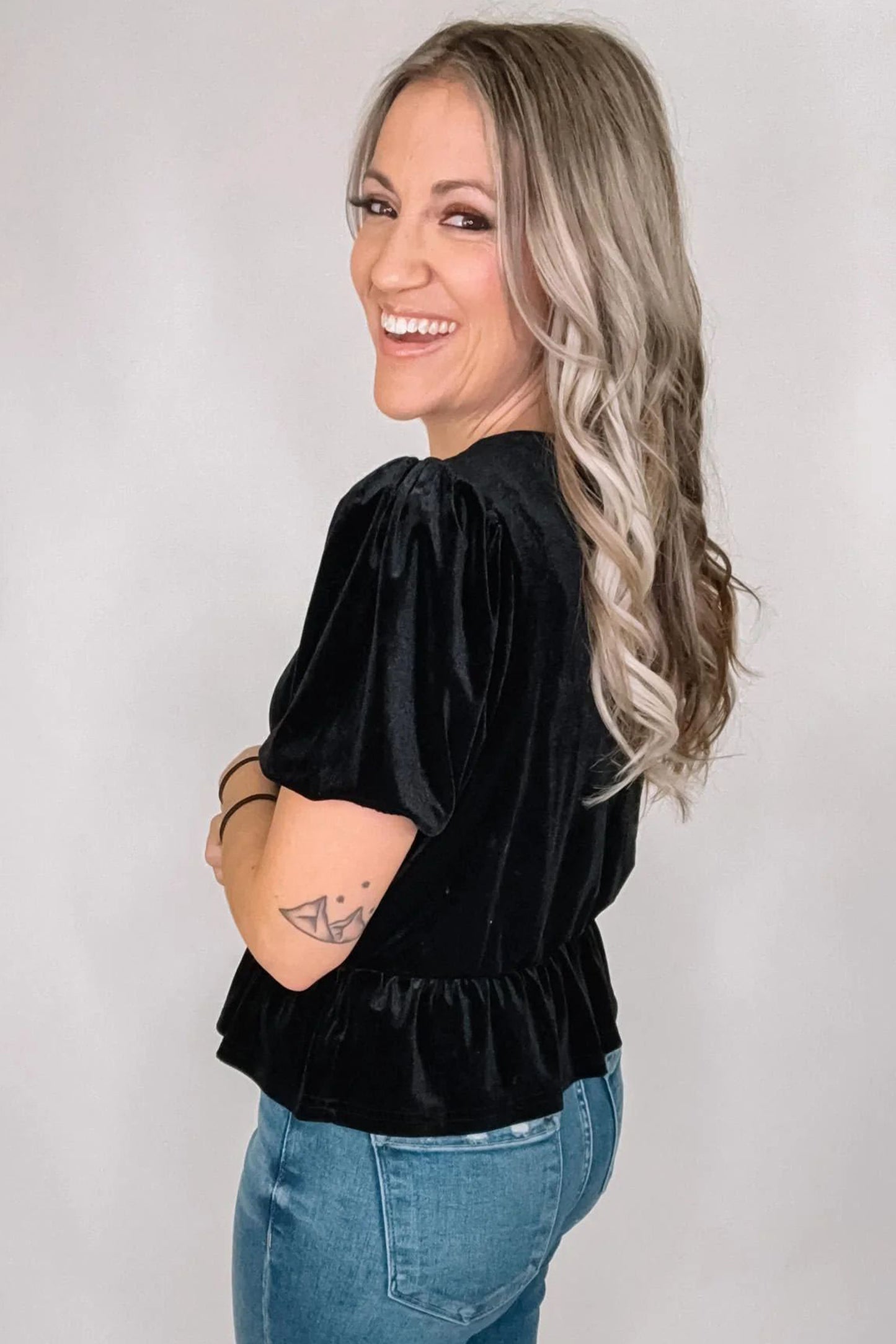 Black V Neck Bow Decoration Peplum Hem Shift Silhouette Short Sleeve Blouse