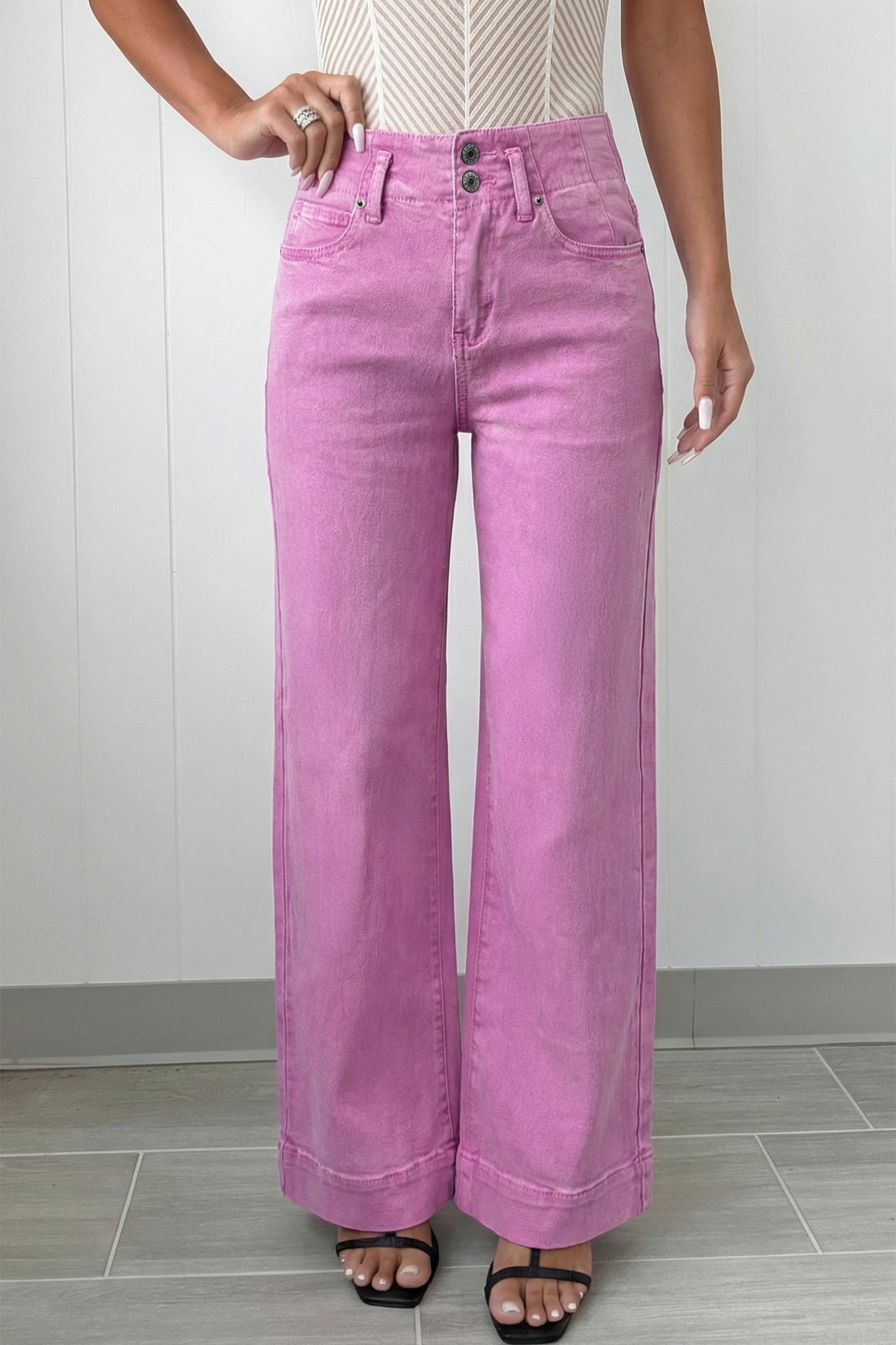 White 2-Button High Waist Wide Leg Jeans