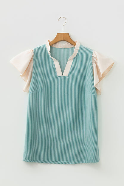 Vineyard Green Plus Size Contrast Frilled Neckline Ruffled Short Sleeve Ribbed Textured Blouse