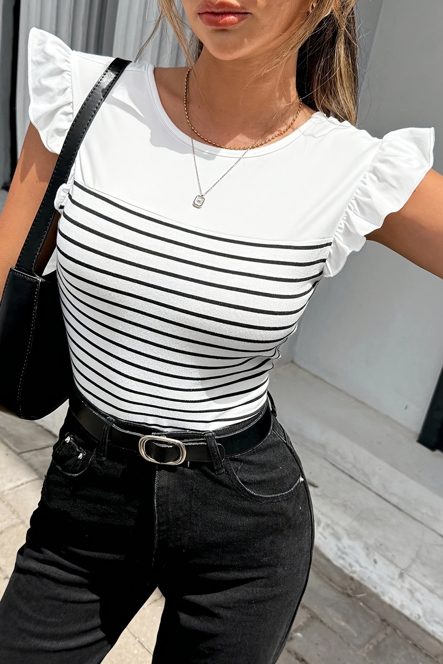 White Stripe Contrast Knot Back Ruffle Trim Tank Top
