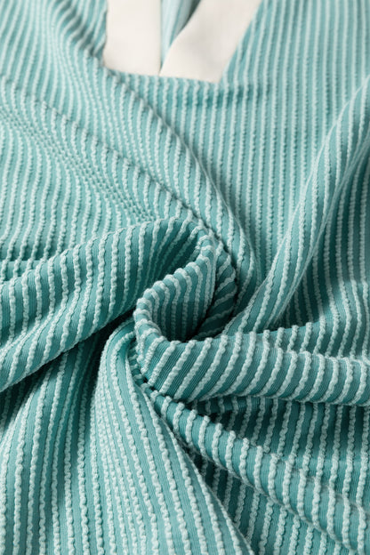 Vineyard Green Plus Size Contrast Frilled Neckline Ruffled Short Sleeve Ribbed Textured Blouse