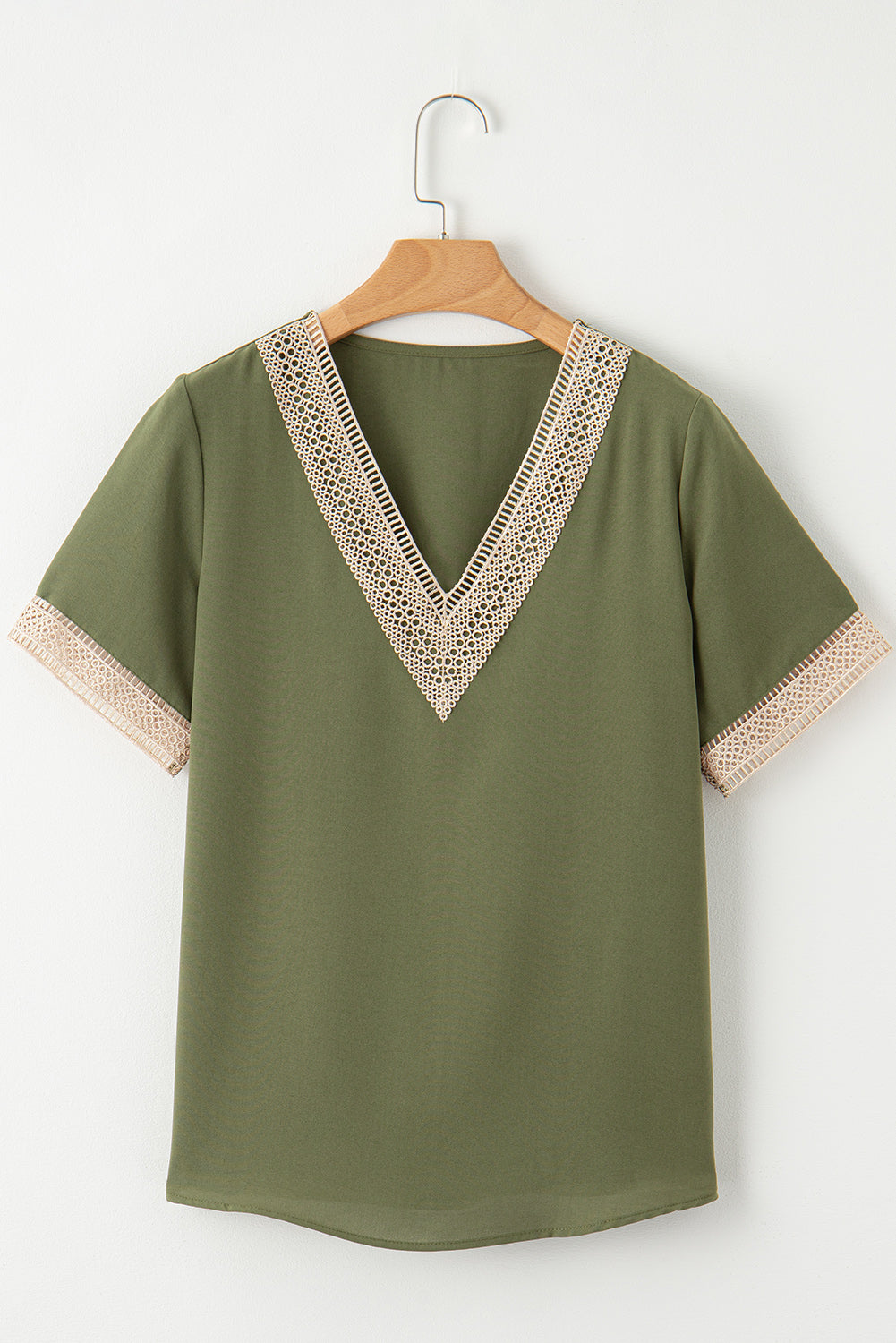 Green Lace Trim V Neck Short Sleeve Blouse
