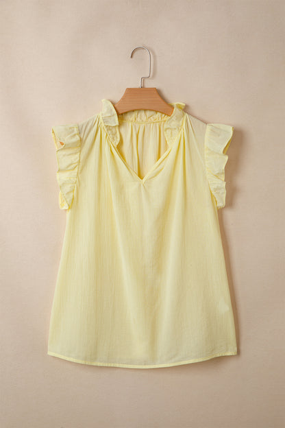 Yellow Cream V Neck Ruffle Trim Sleeveless Shift Top