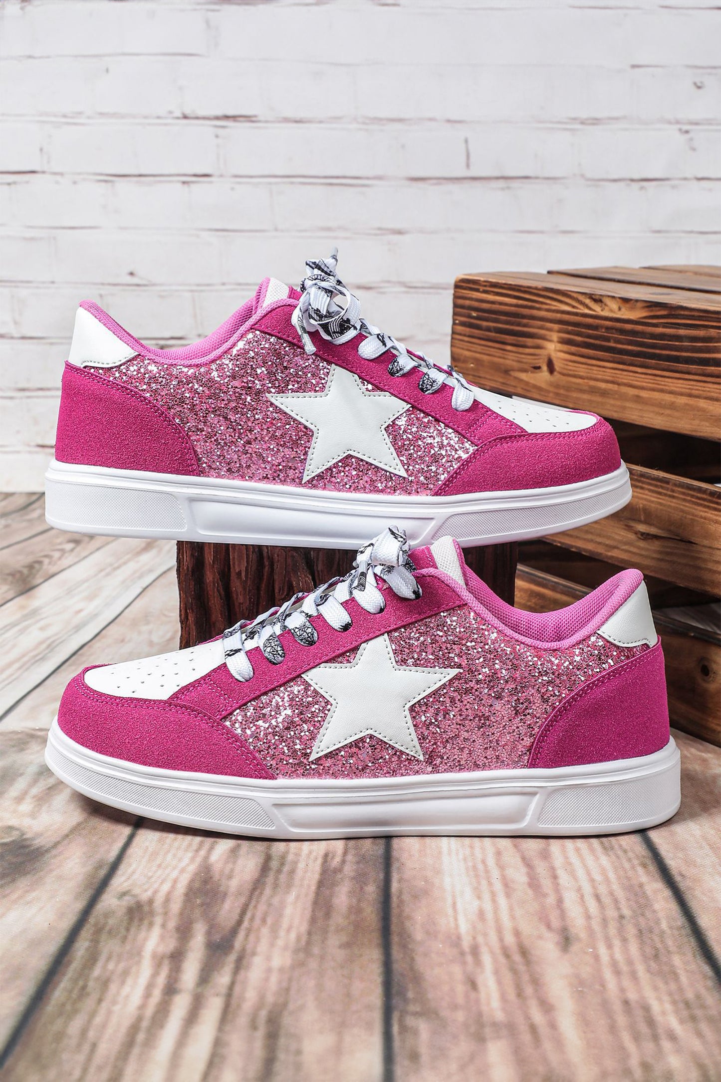 Black Stylish Color Block Glitter Star Patchwork Lace-up Flat Shoes