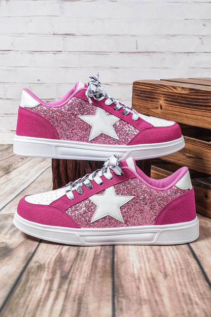 Black Stylish Color Block Glitter Star Patchwork Lace-up Flat Shoes