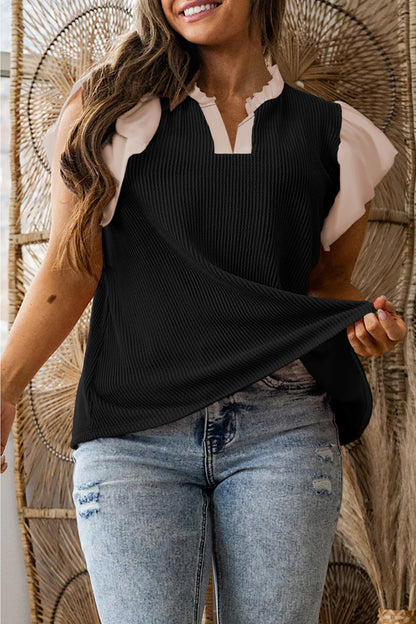 Vineyard Green Plus Size Contrast Frilled Neckline Ruffled Short Sleeve Ribbed Textured Blouse