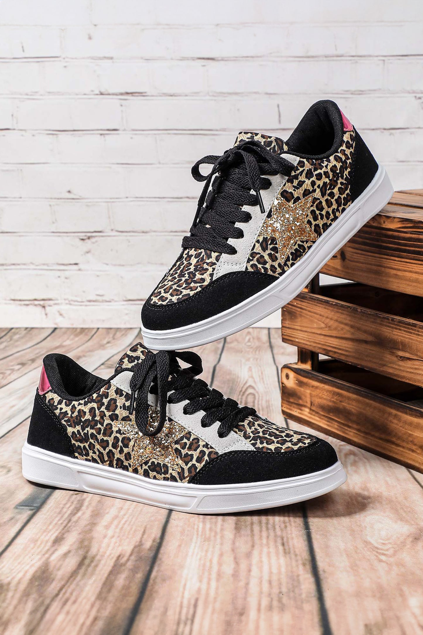 Black Stylish Color Block Glitter Star Patchwork Lace-up Flat Shoes