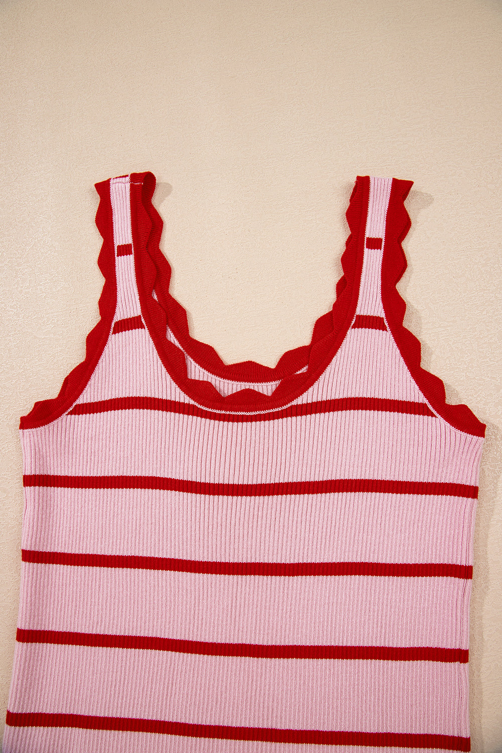 Bright Green Scalloped Edge Striped Ribbed Tank Top