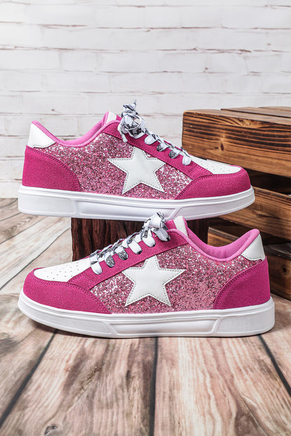 Black Stylish Color Block Glitter Star Patchwork Lace-up Flat Shoes